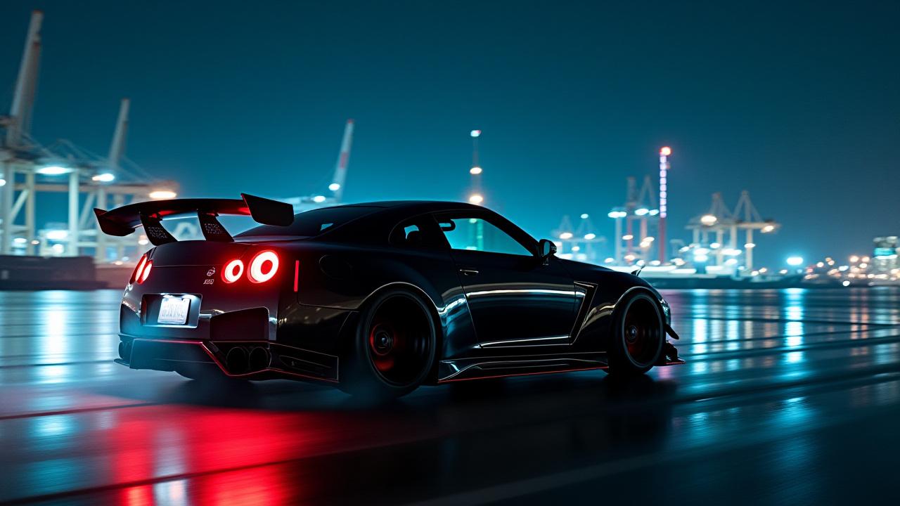 夜の横浜港を走るカスタムカー